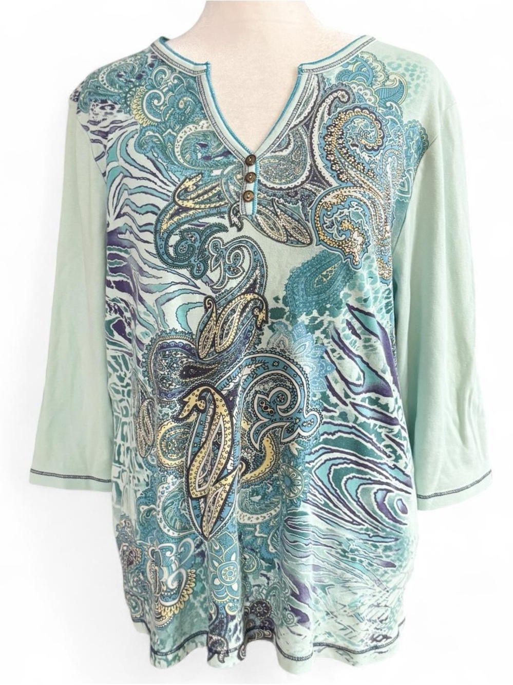 Vintage Y2K Blue Canyon Blue Paisley Print 3/4 Sleeve Top Plus Size 1X